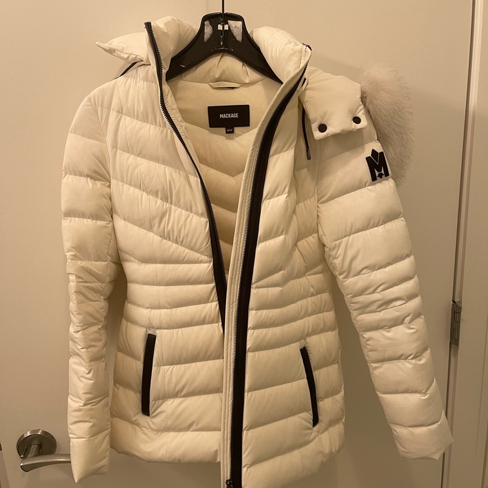 White puffy Mackage coat with fur hood